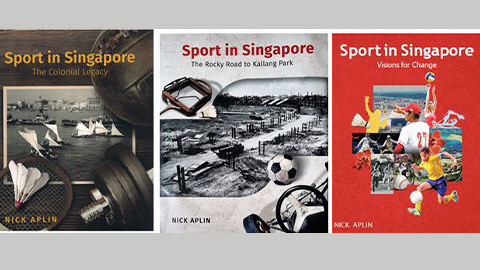 An image of all three covers of the trilogy of books 'Sports in Singapore'
